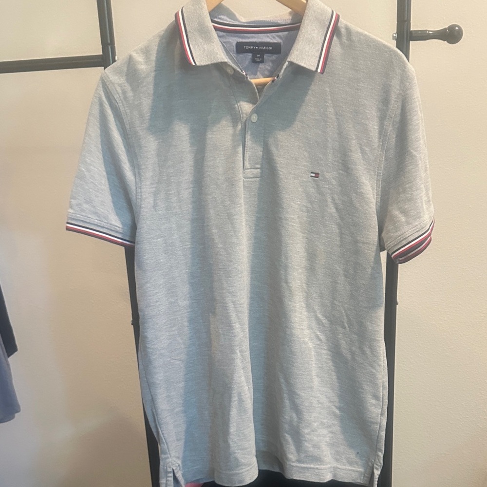 Tommy Hilfiger Light Gray Polo with Red-White-Navy Trim